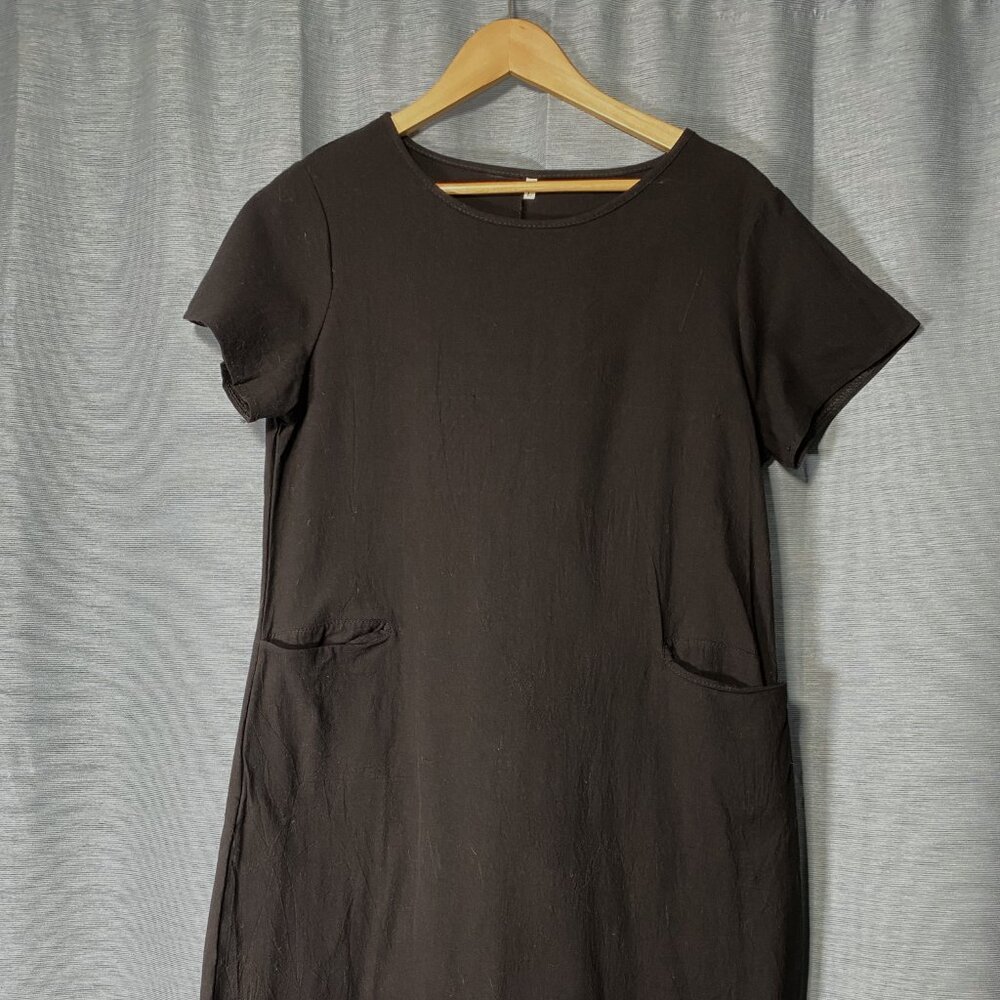 NEW COOL Black Linen Sheath Mini with front pockets, crew neck